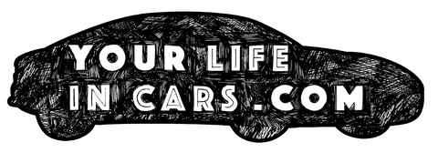 Your life in cars drawn logo black and white silhouette car shape with text inside