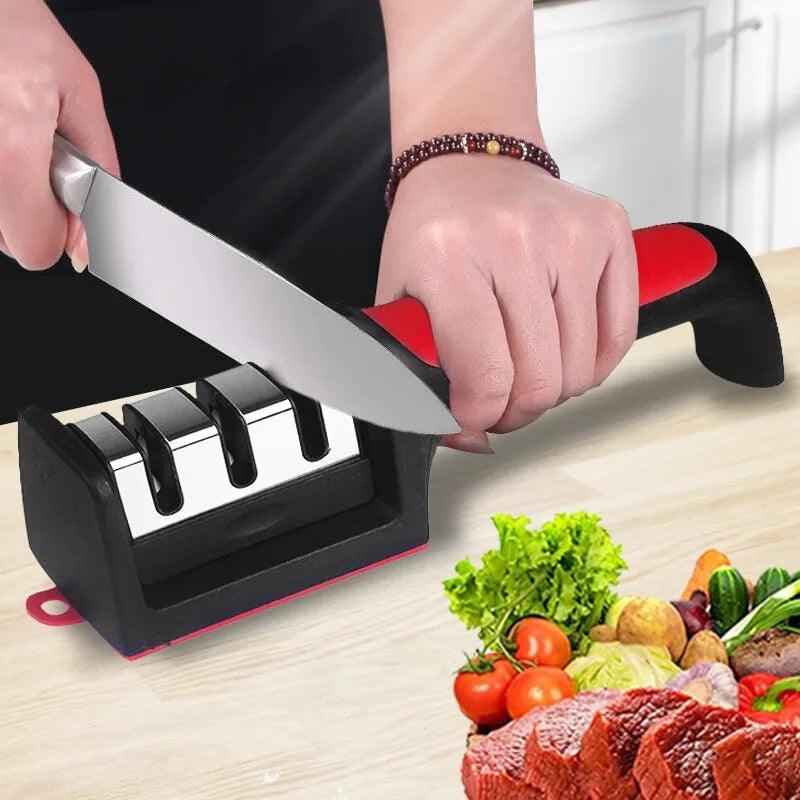 Afiador de facas de cozinha de 3/4 segmentos, multifuncional, portátil, pedra de afiar preta de 3/4 propósitos - POUPE GRANA
