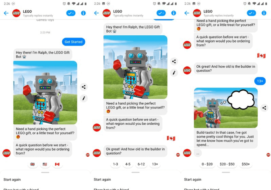 Lego Facebook messenger flow example