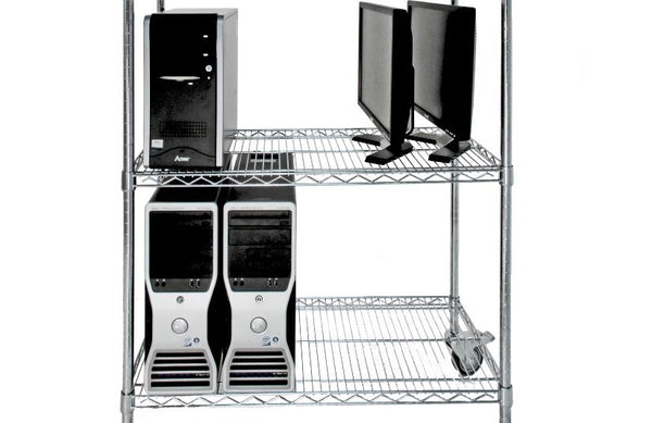 Chrome wire shelving with PC components