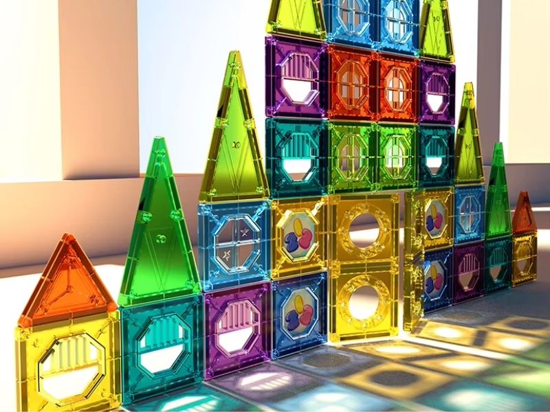Colourful, semi-transparent magnetic tiles built into a castle-like wall near a window with light reflecting through the tiles onto the tiled floor showing one of many possibilities of open-ended toys