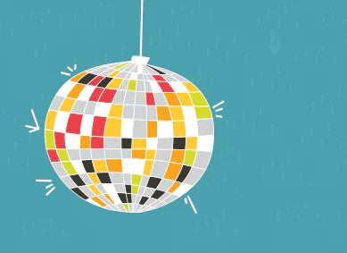 An illustrated image of a shining disco ball on a teal background to demonstrate a gift card.