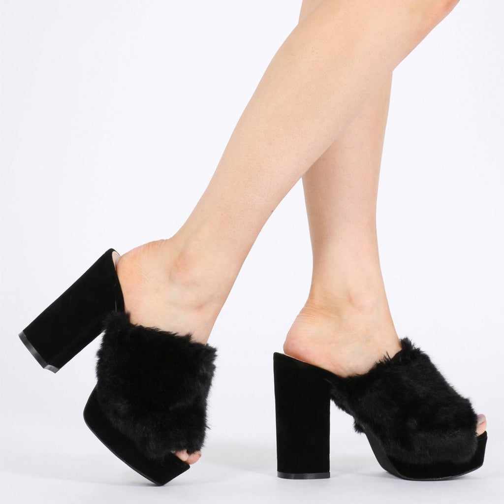 black mules with fur