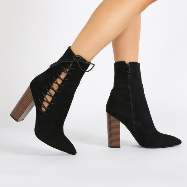 Emilia Lace Up Side Pointed Toe Ankle Boots in Black Faux Suede ...