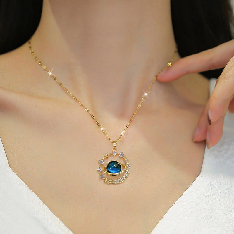 Stainless Steel Starry Sky Planet Astronaut Necklace with Rhinestone Pendant