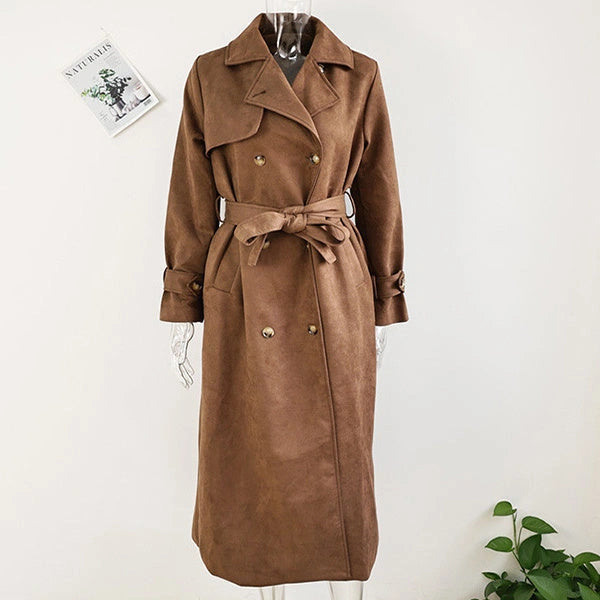 Double Breasted Vintage Suede Long Coat with Belt for Women