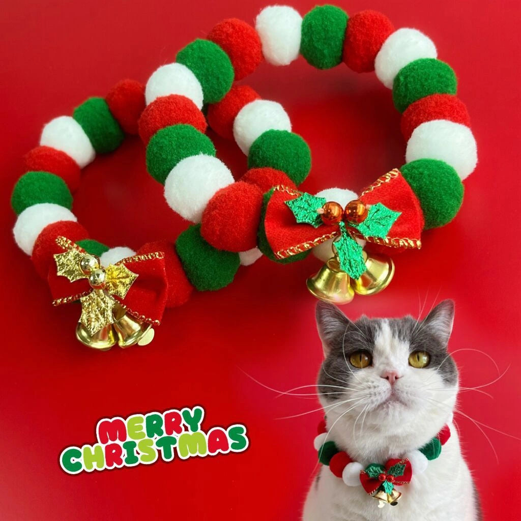 Festive Plush Ball Pet Collar with Elastic Fit for Christmas