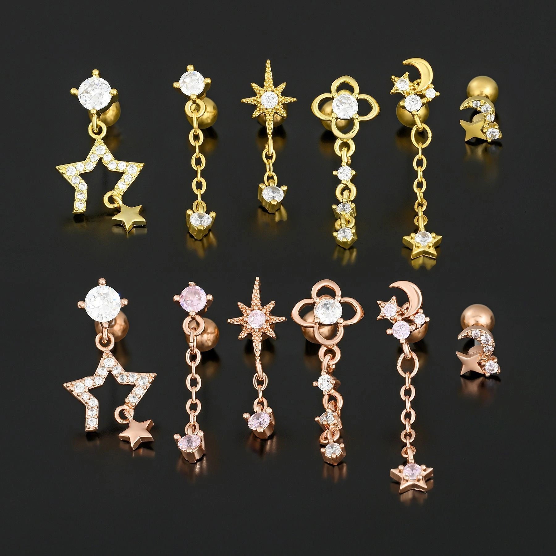 Star and Moon Cubic Zirconia Stainless Steel Cartilage Earring