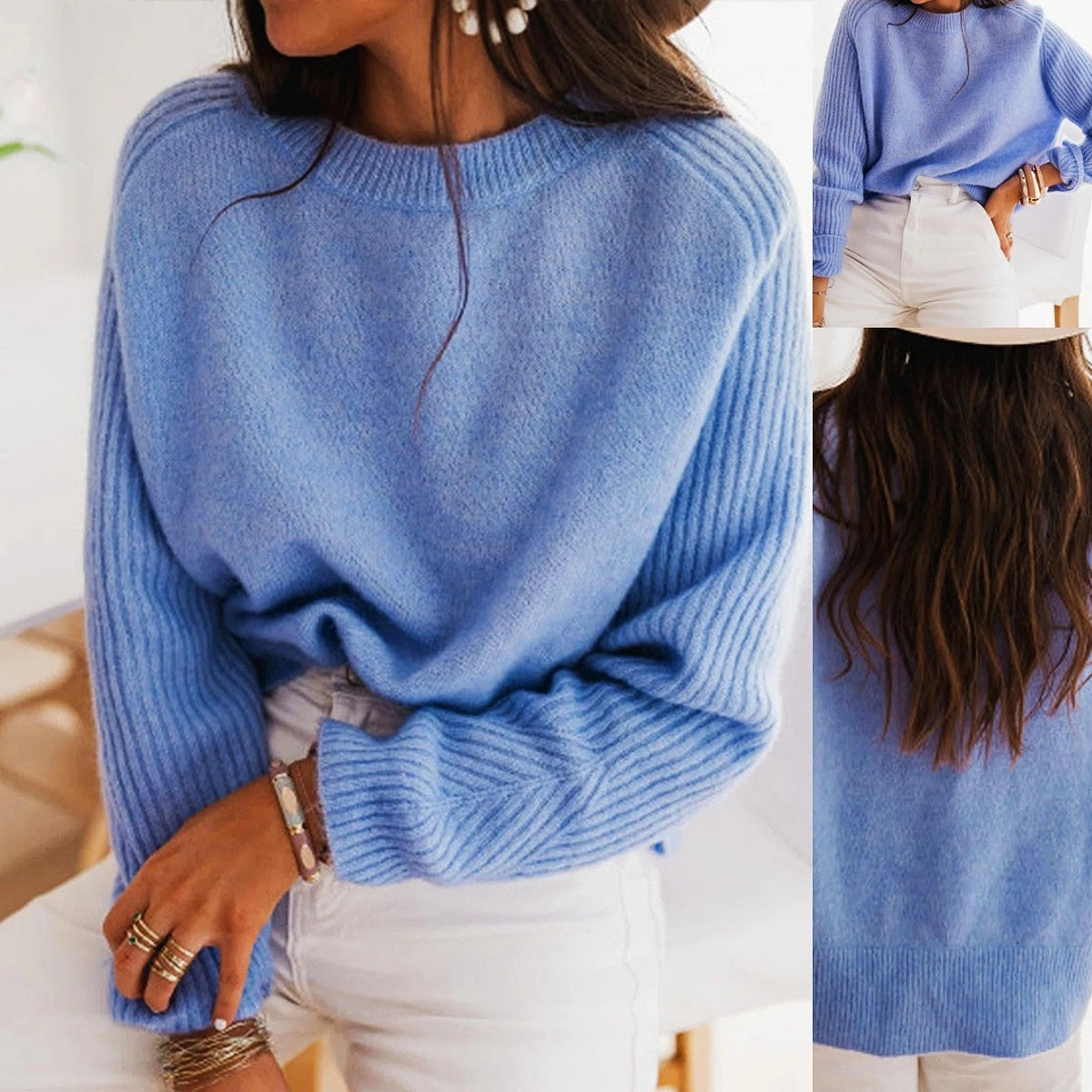 European Milk Blue Bedford Cord Sweater with Round Collar and Long Sleeves