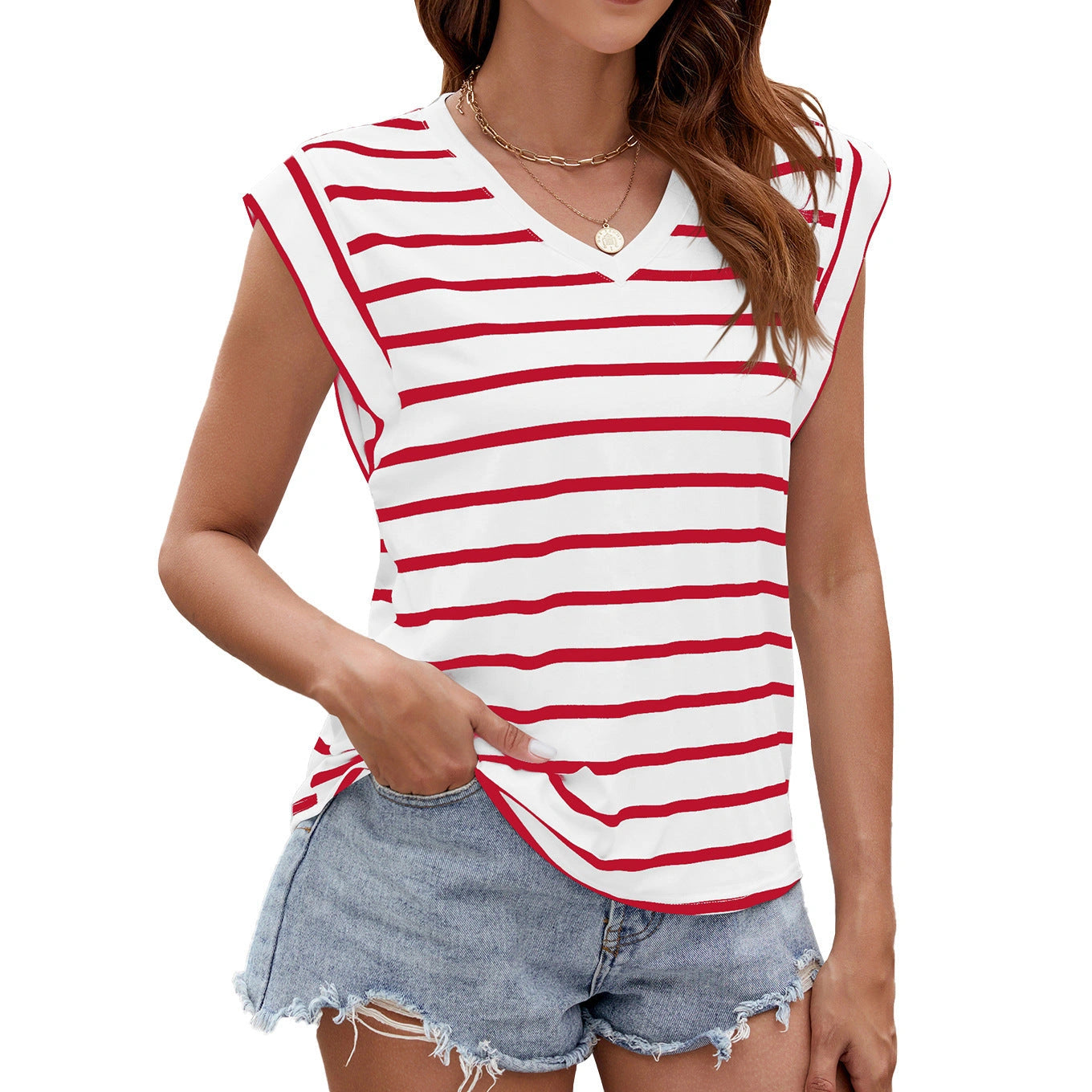 V-neck Short-sleeved T-shirt with Stripe Print for Summer