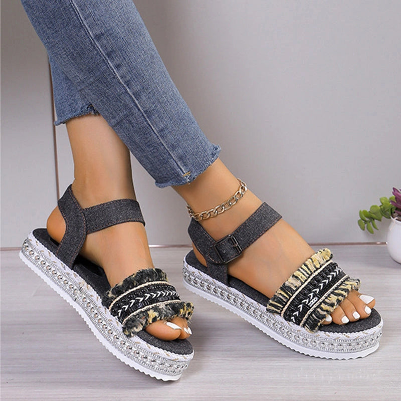 Stylish Denim Tassel Sandals with Thick Flat Sole