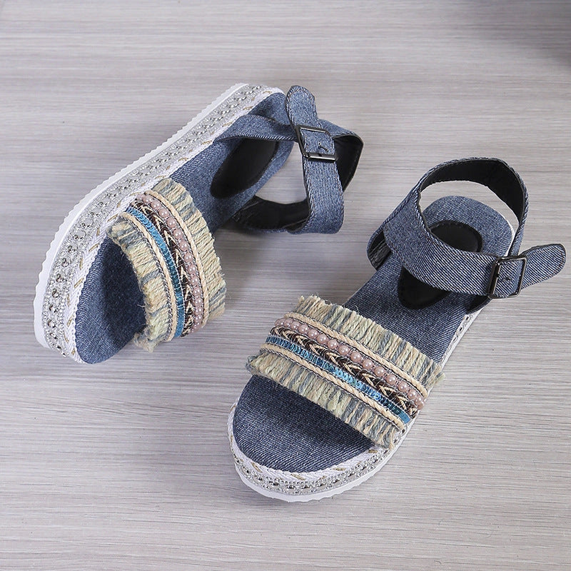 Stylish Denim Tassel Sandals with Thick Flat Sole