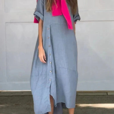 Loose casual short sleeve dress in cotton and linen with 3D effect