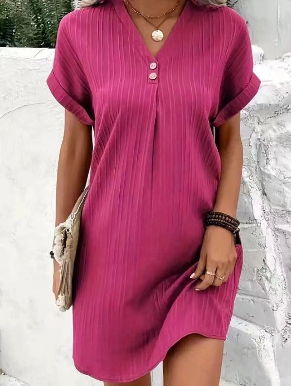 Stylish V-neck Short-sleeved Women's Dress in Various Colours