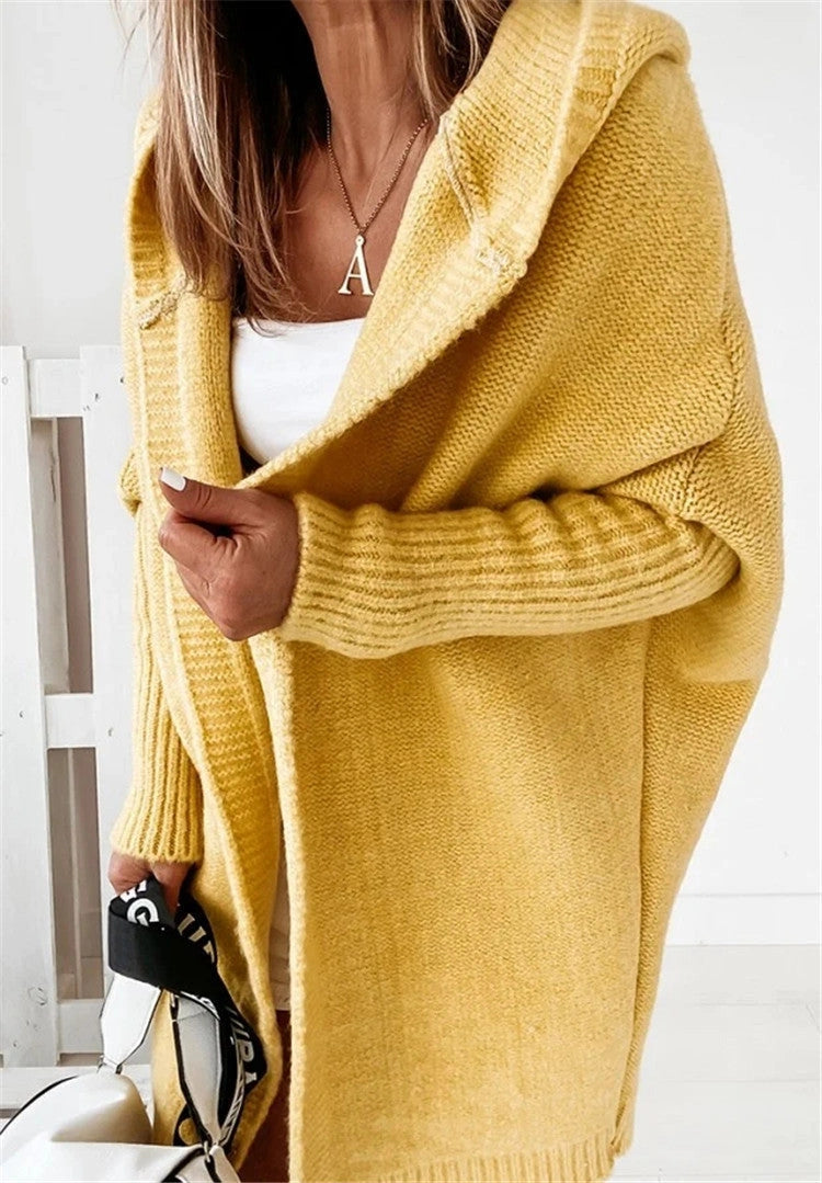 Bat sleeve hooded cardigan in sheep wool blend for women
