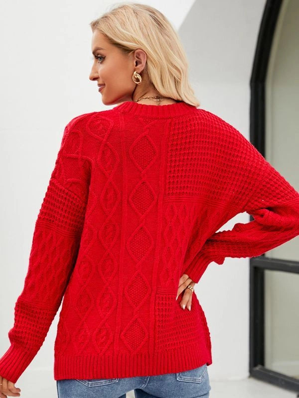 Casual Round-neck Pullover Sweater with Cable-knot Pattern for Women