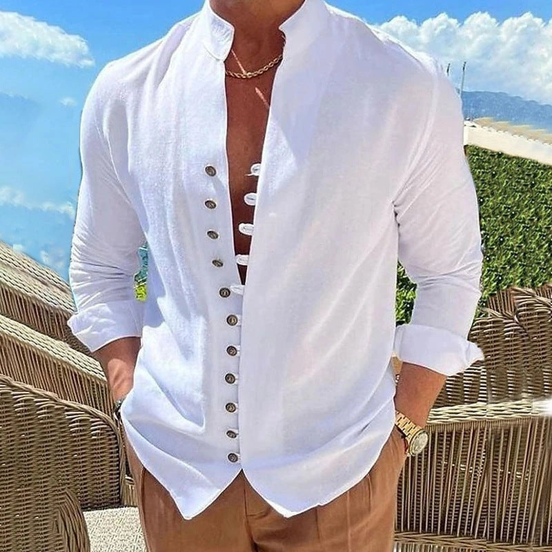 Cotton and linen loose long sleeve shirt with stand collar