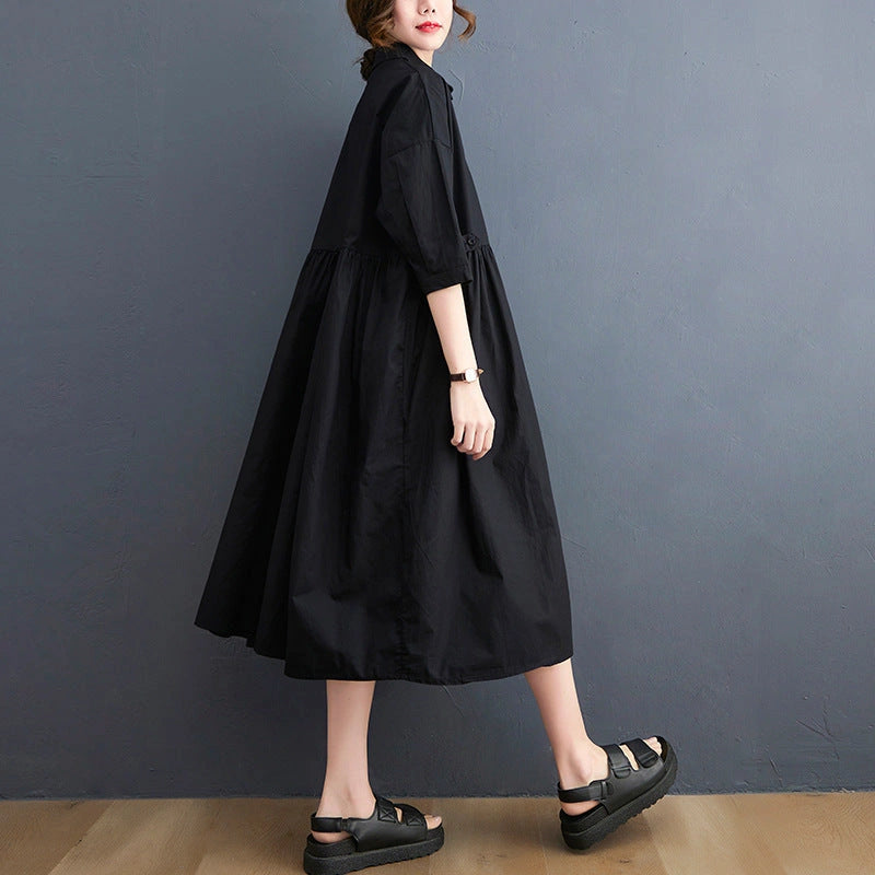 Casual Linen Short Sleeve Dress with Polo Collar