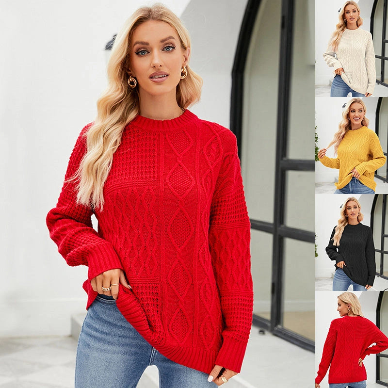 Casual Round-neck Pullover Sweater with Cable-knot Pattern for Women