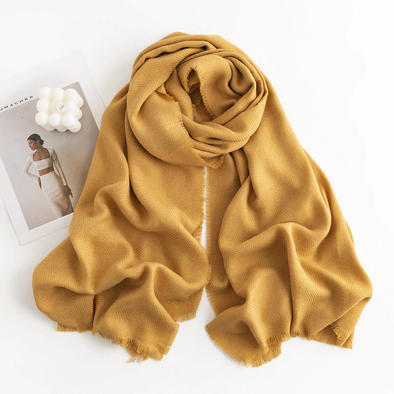 Herringbone Pattern Artificial Cashmere Scarf with Tassel Fringes