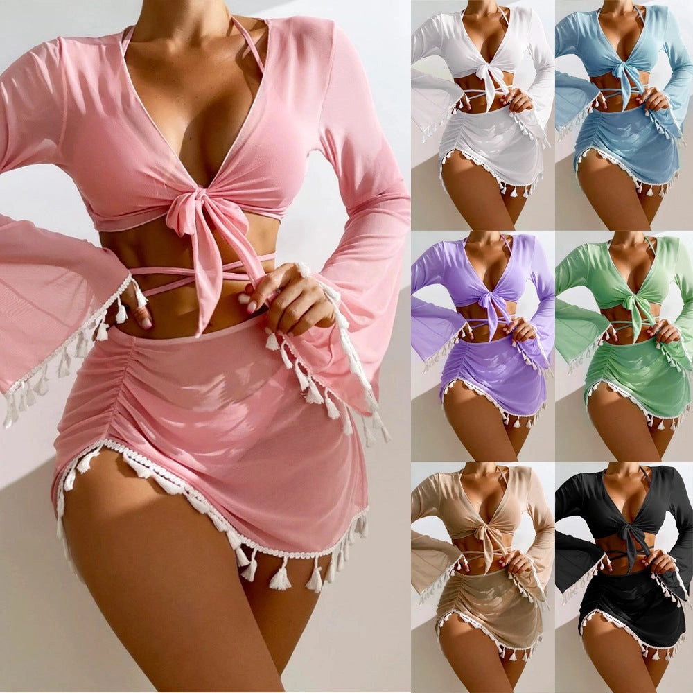 Solid Colour Bikini Set with Short Skirt and Long Sleeve Cover-up