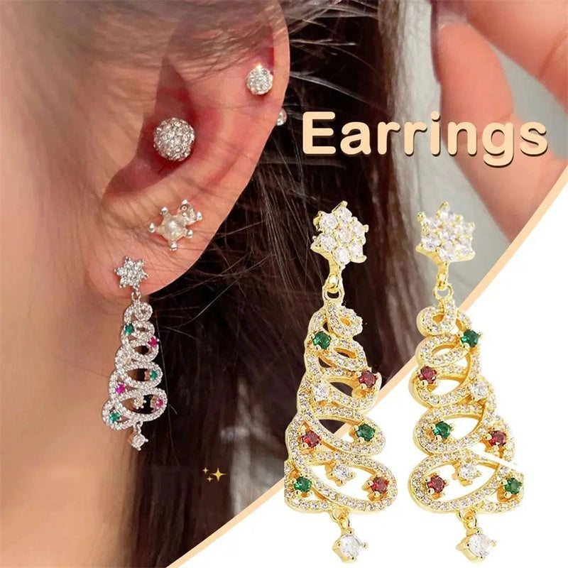 Christmas Tree Tassel Earrings with Colourful Zircon Inlays for Women