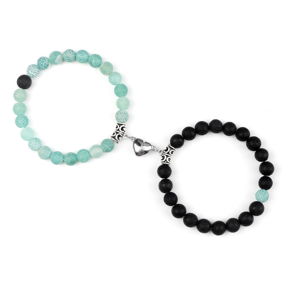 Turquoise Peach Heart Magnet Couple Design Bracelet with Chamfered Square Pattern
