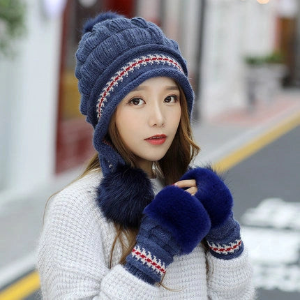 Knit Fleece Beanie with Ear Flaps and Pompom for Winter Warmth