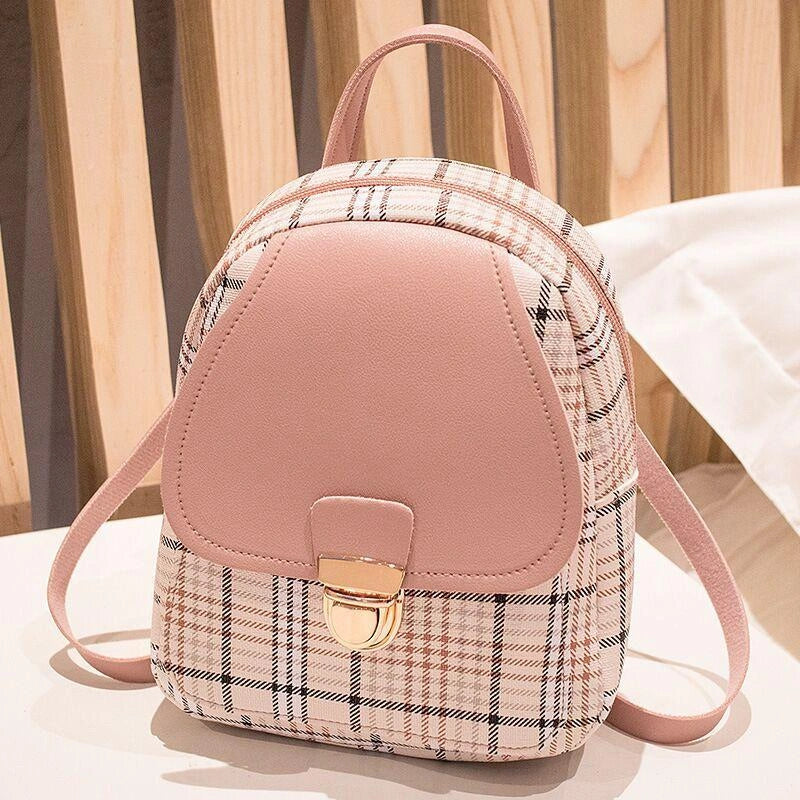 Ladies Check Lock Small Backpack with Plaid Pattern and Zipper Opening