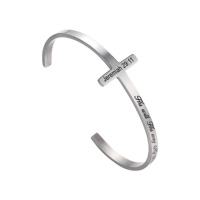 Titanium steel bracelet with scripture cross lettering