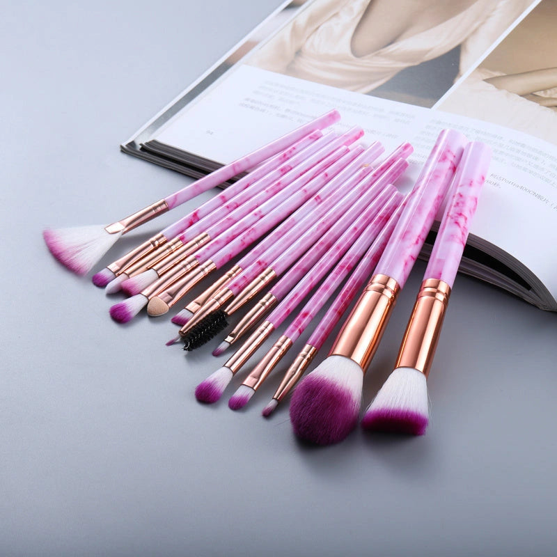 15 Marbled Design Makeup Brushes Set with Nylon Hair