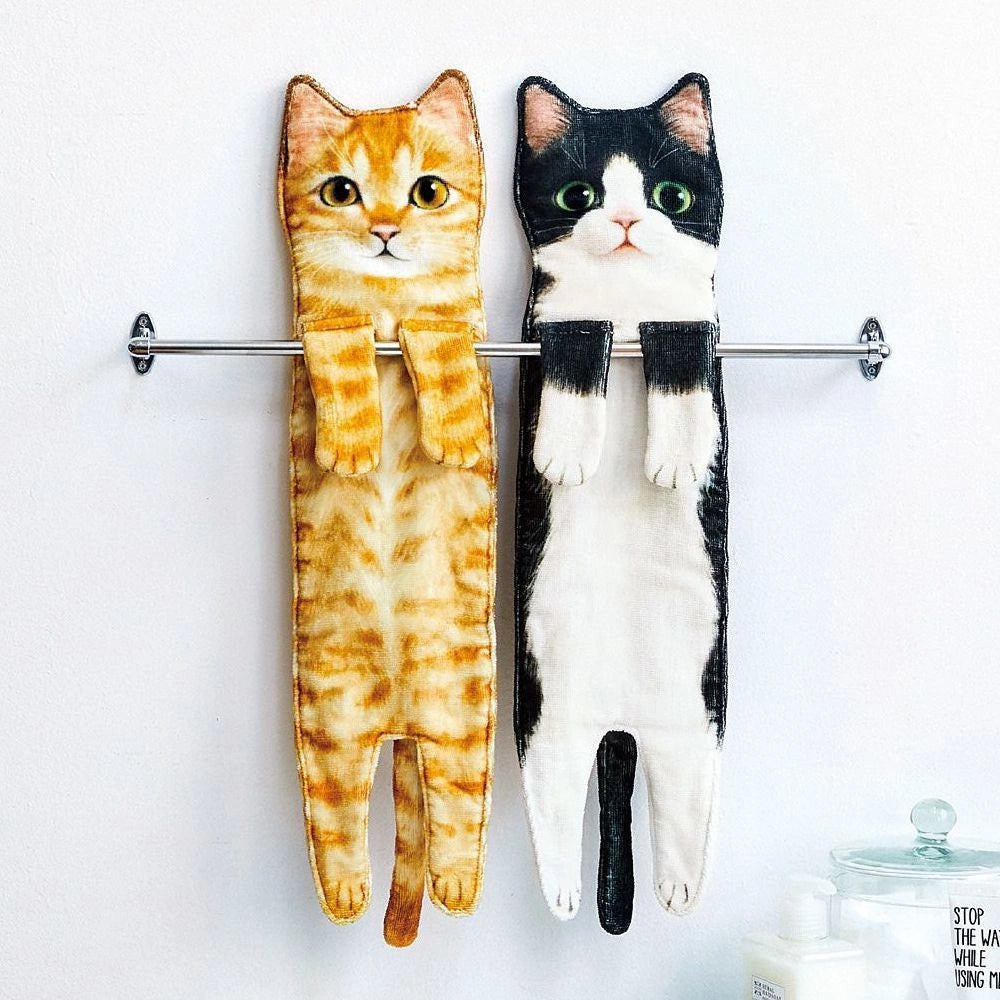 Cat Hand Towels with Long Cat Shape for Bathroom and Kitchen Use