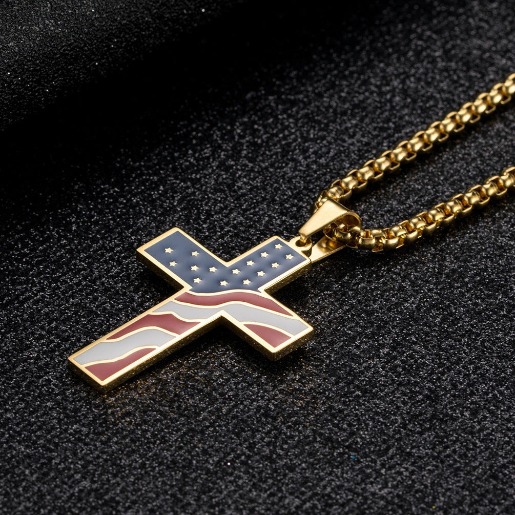 Stainless Steel Flag Cross Necklace for Men