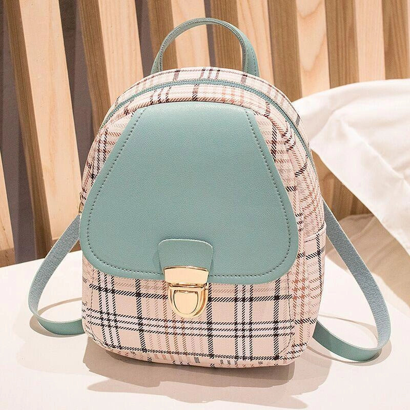 Ladies Check Lock Small Backpack with Plaid Pattern and Zipper Opening