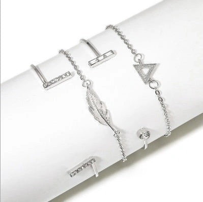 Adjustable Geometric Bracelet Set with Crystal and Leaf Motifs