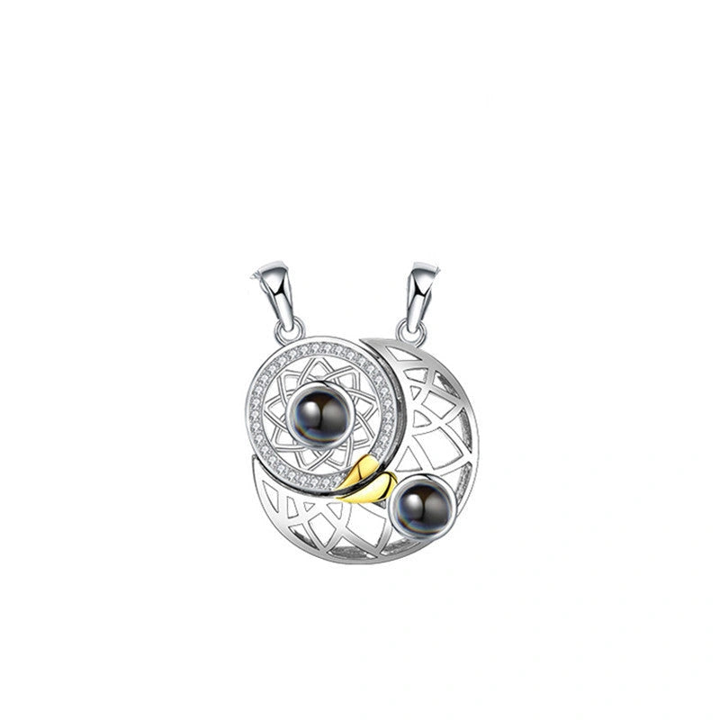 Sun and Moon Couple Necklaces with 100 Languages I Love You Projection
