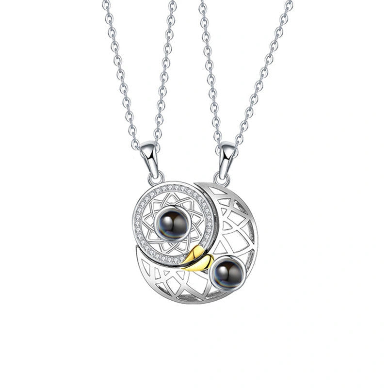 Sun and Moon Couple Necklaces with 100 Languages I Love You Projection
