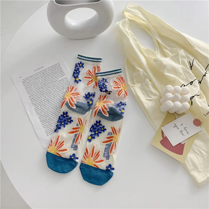 Retro Breathable Glass Silk Socks in Vibrant Japanese Colours