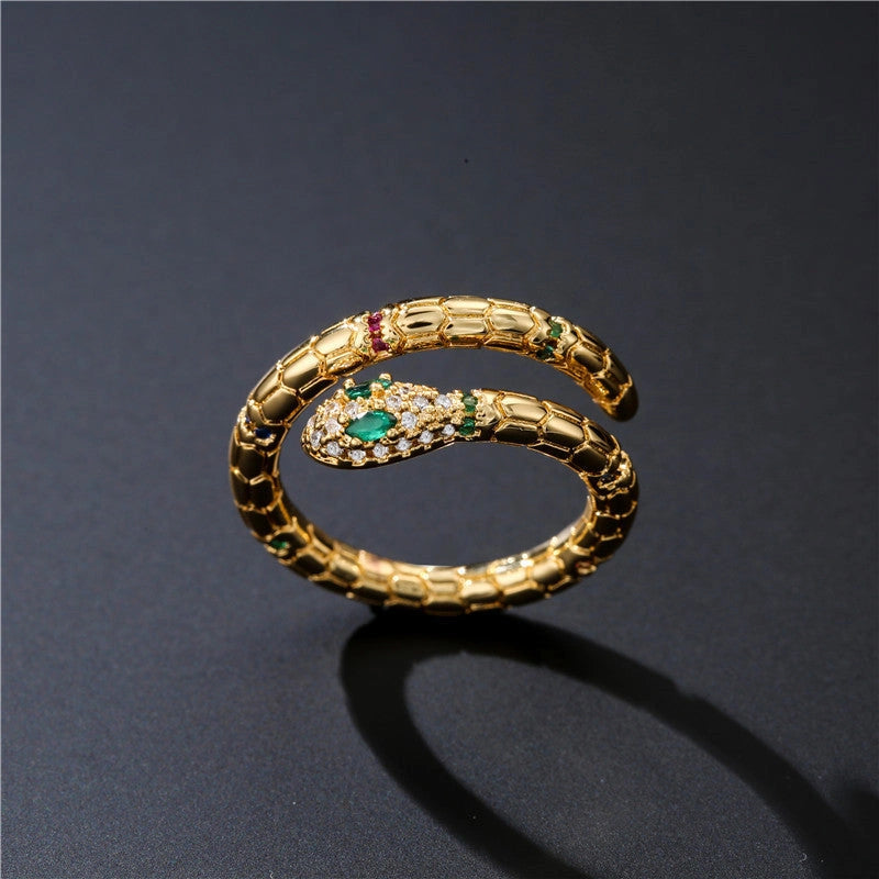 Adjustable Gold-Colour Snake Ring with Cubic Zirconia for Women