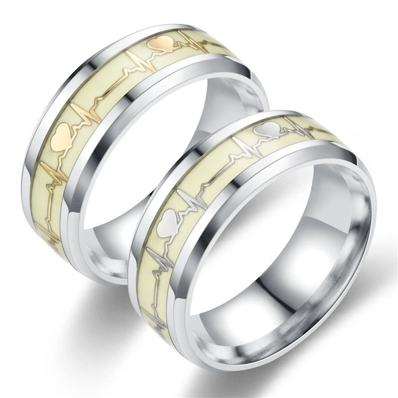 Stainless Steel Luminous Heartbeat Ring with ECG Design