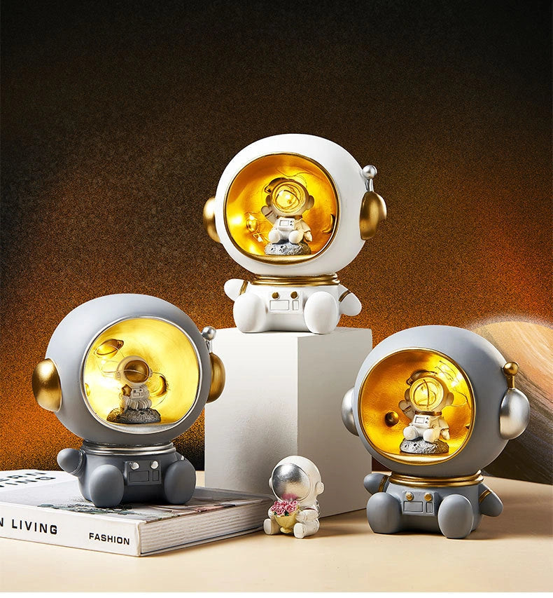 Astronaut-themed LED Night Light Piggy Bank with Hand-painted Resin Craft