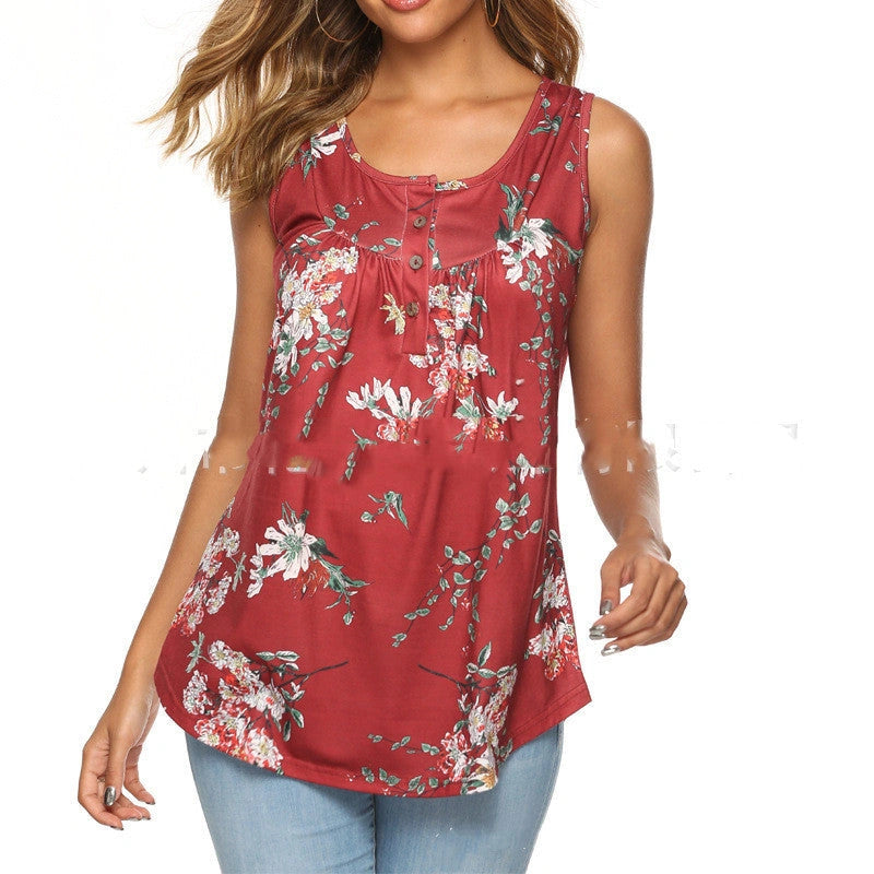 V-Neck Sleeveless Vest with Printed Buttons in Cotton Blend