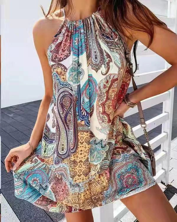 Back Short Skirt Printed Sleeveless Dress with Sweet Style and Printing Pattern