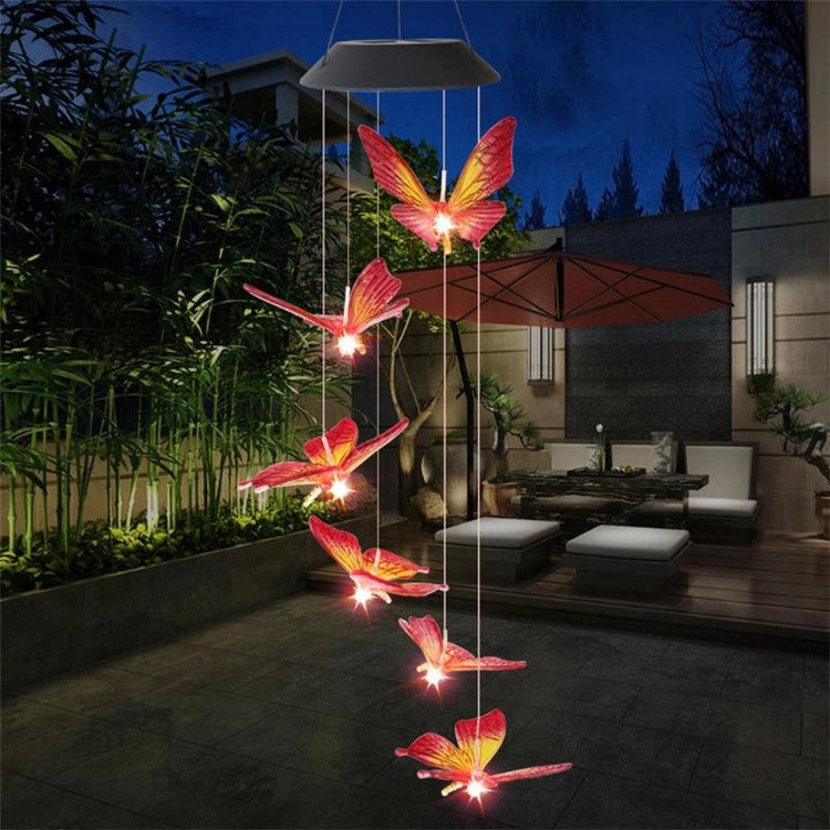 Solar-powered LED wind chime with colour-changing butterfly design