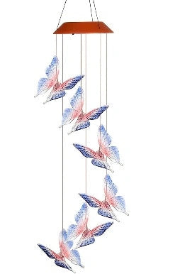Solar-powered LED wind chime with colour-changing butterfly design