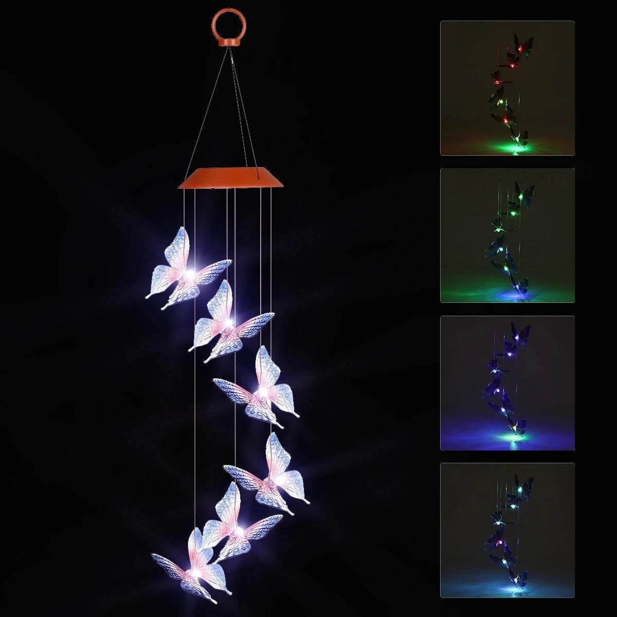 Solar-powered LED wind chime with colour-changing butterfly design