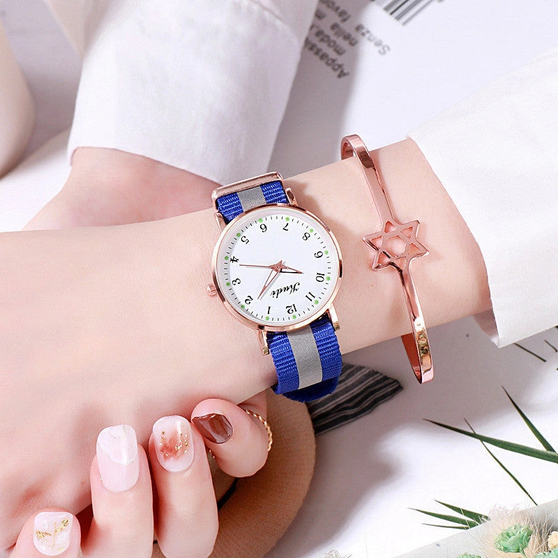 Luminous Starry Sky Watch with Rainbow Canvas Strap for Ladies