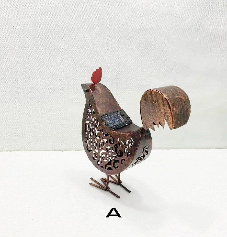Solar Garden Lamp with Iron Rooster Design for Outdoor Decoration