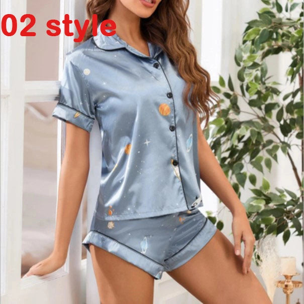 Summer Satin Women's Pajama Set with V-Neck and Adjustable Straps