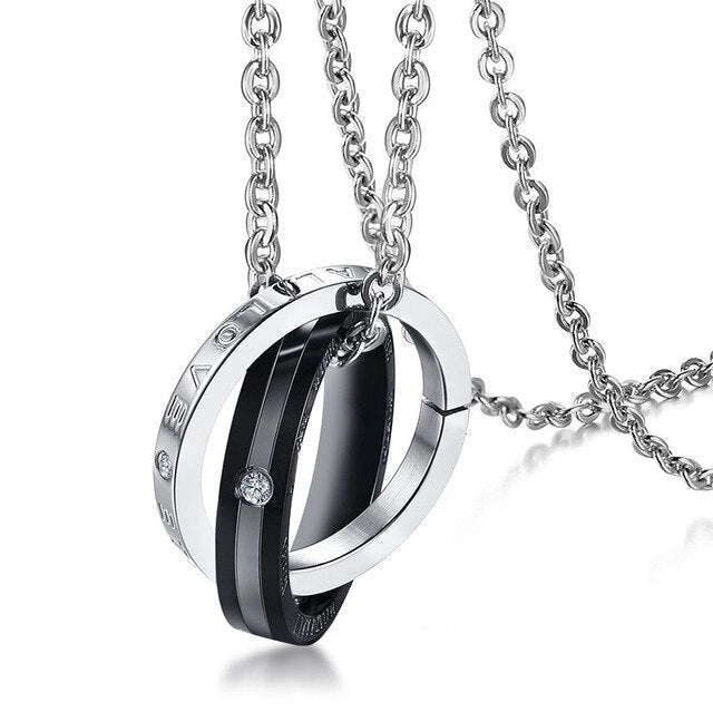 Stainless steel couple necklace with black for men and rose gold for women